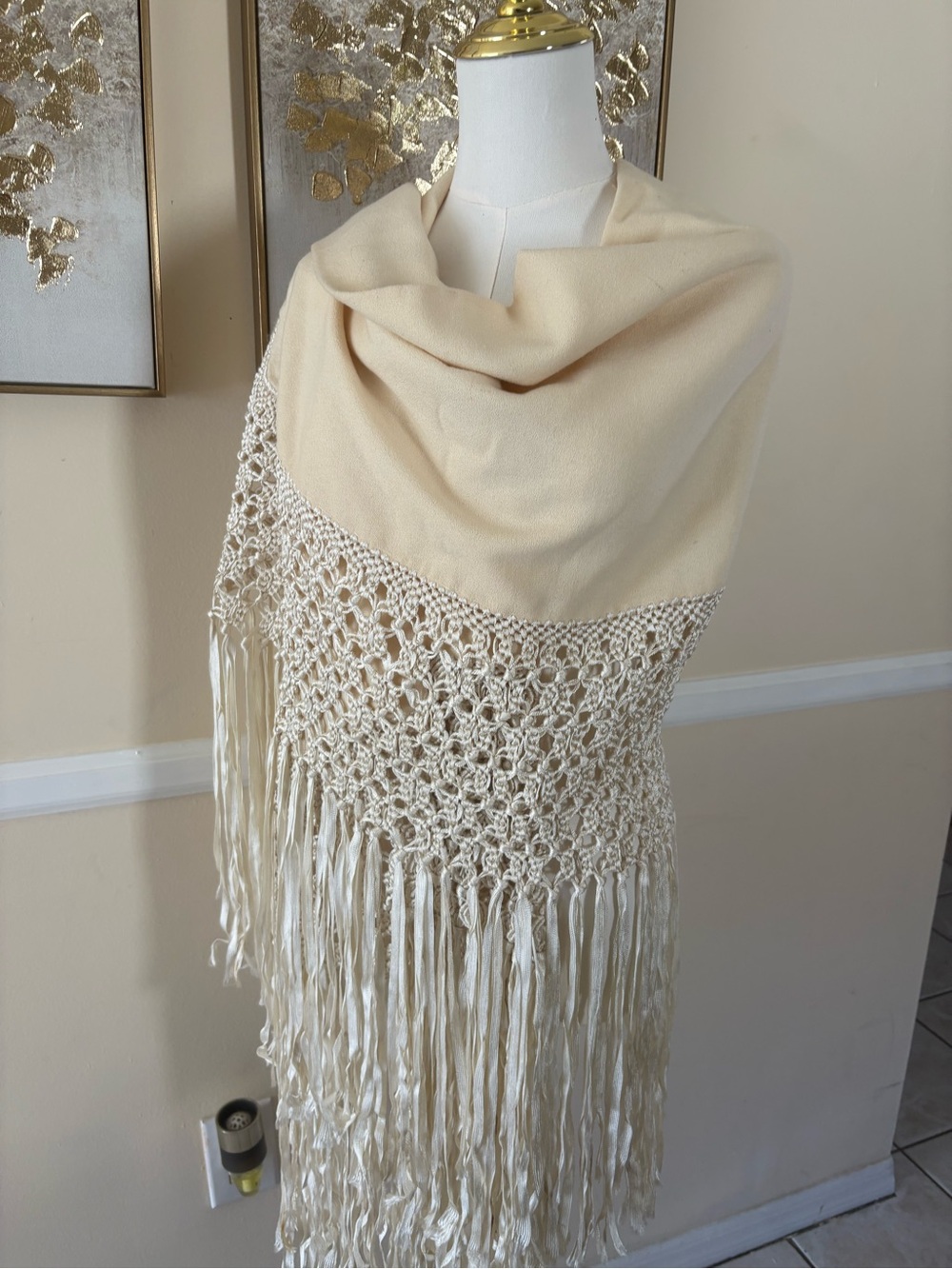 Cream Crochet Fringe Shawl Wrap - Soft Elegance